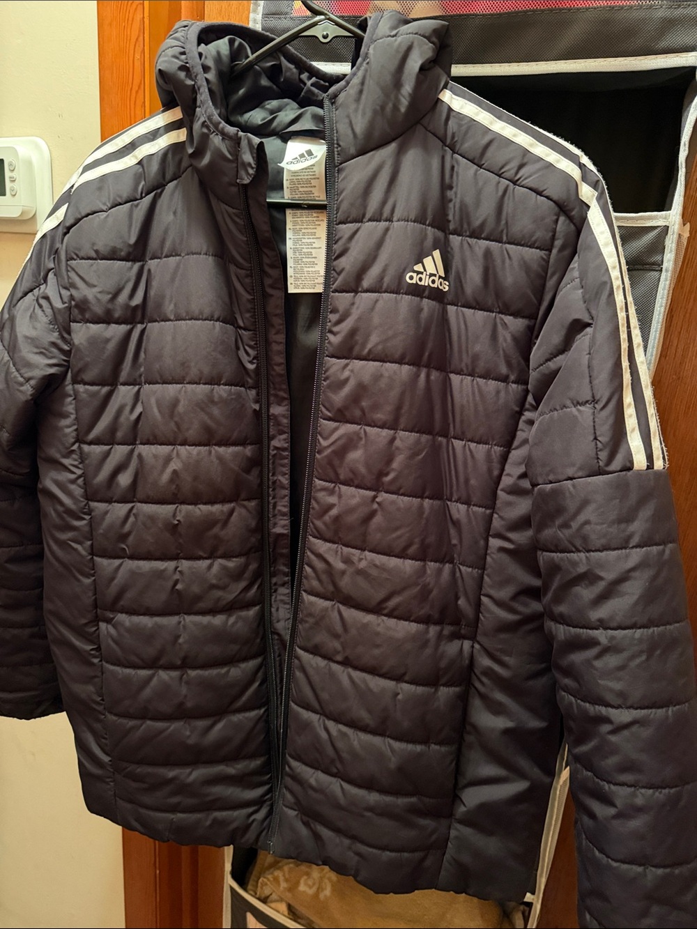 adidas Kids Navy Quilted Puffer Jacket with White Stripes